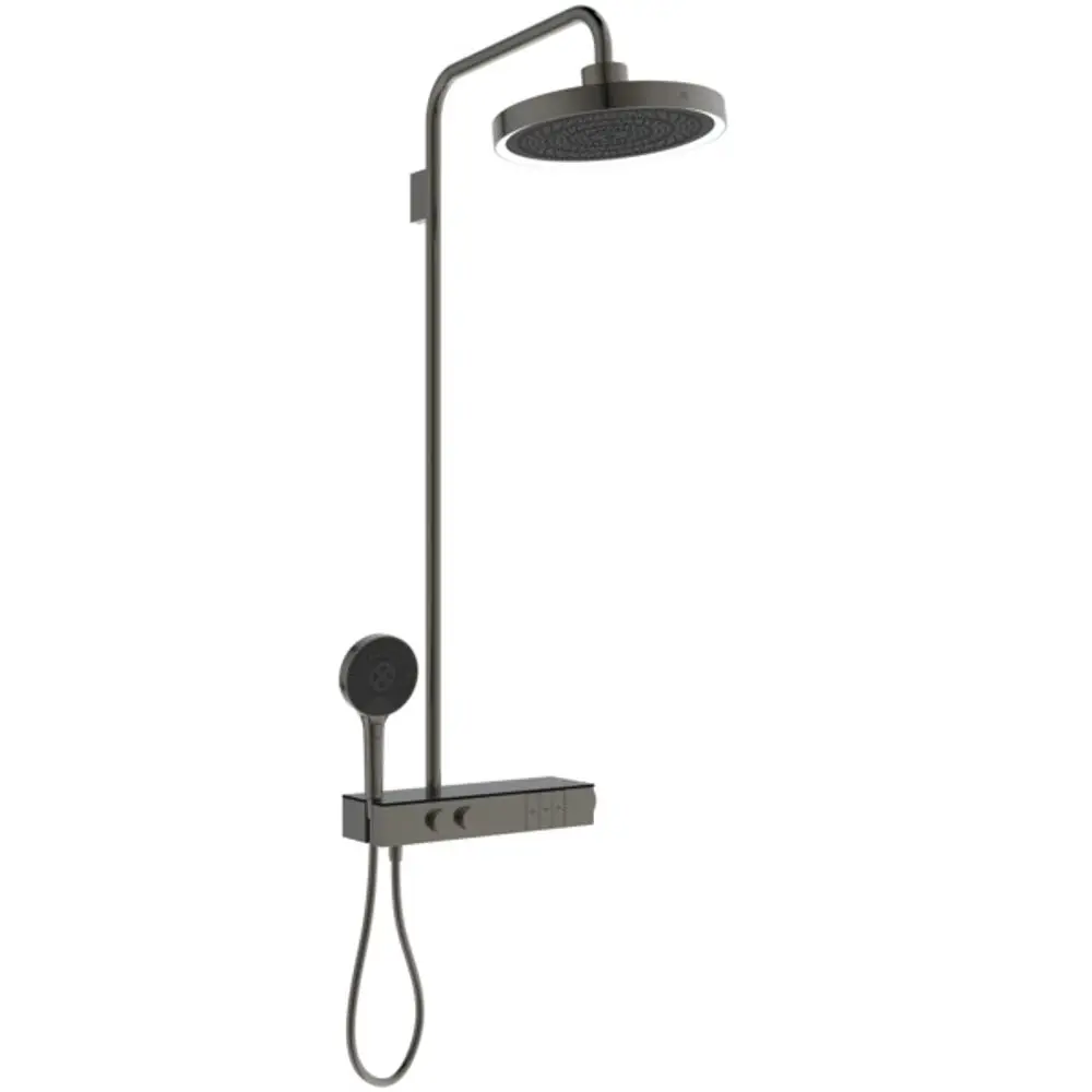 Duschsystem mit Brausethermostat und LED-Leuchtring in Magnetgrau. Ideal Standard-Design mit Wandmontage und Handbrause, funktional und platzsparend.